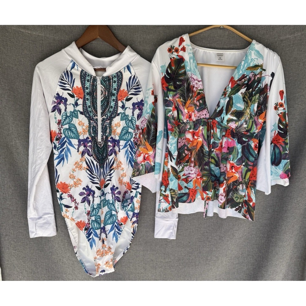 New Lot (2) Venus Size‎ 12 Swimsuit Long Sleeve One-Piece Zip Rash Guard + Top